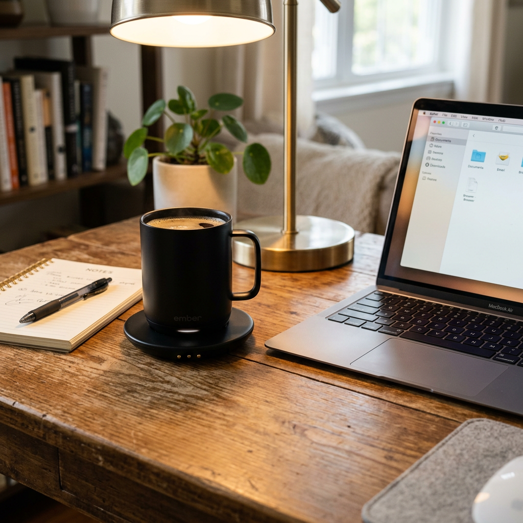Smart heated coffee mug sitting on a charging coaster next to a laptop — a thoughtful Father's Day gift for a busy coffee-loving dad
