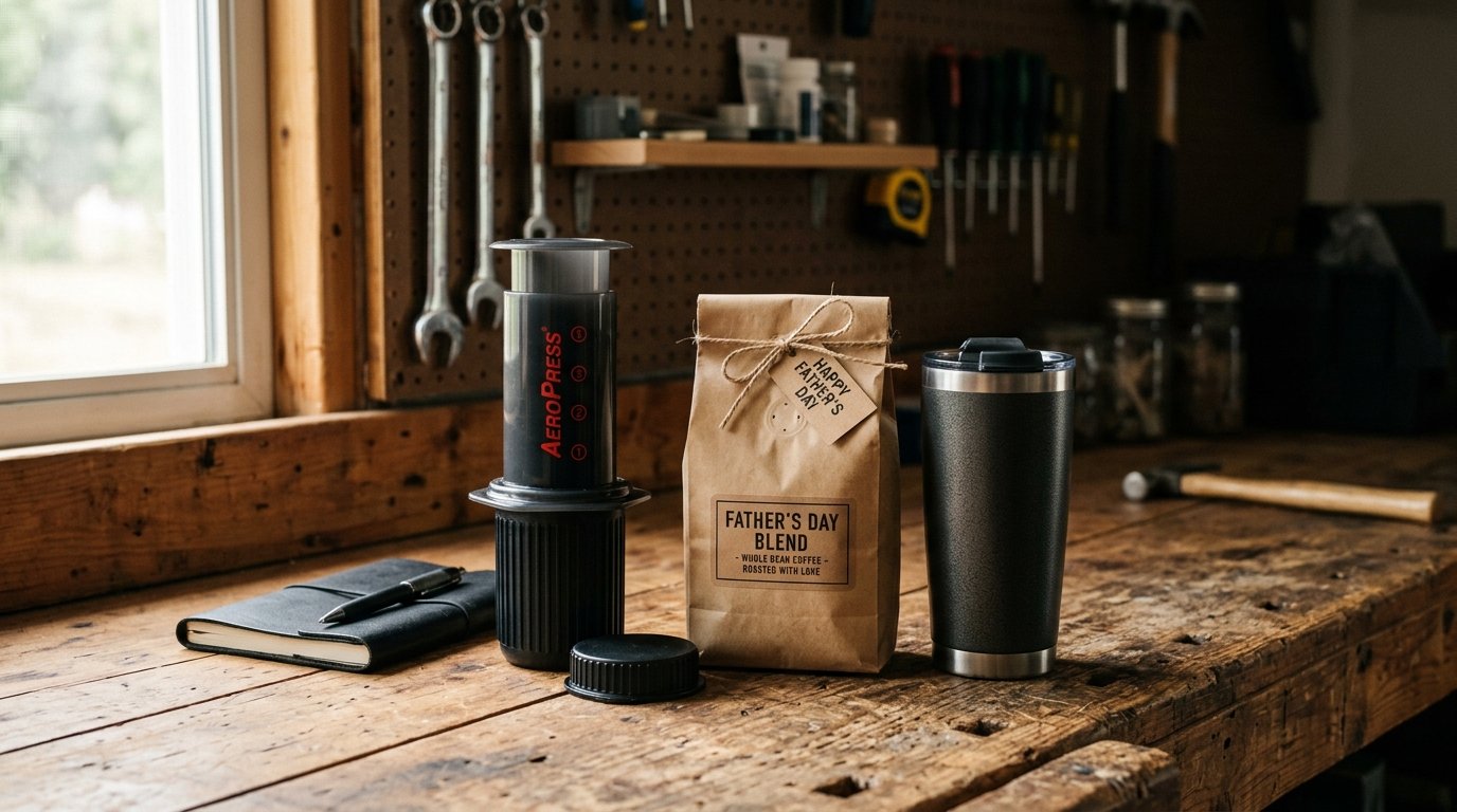 A Father's Day coffee gift bundle on a wooden workbench — the best father's day gift for coffee lovers