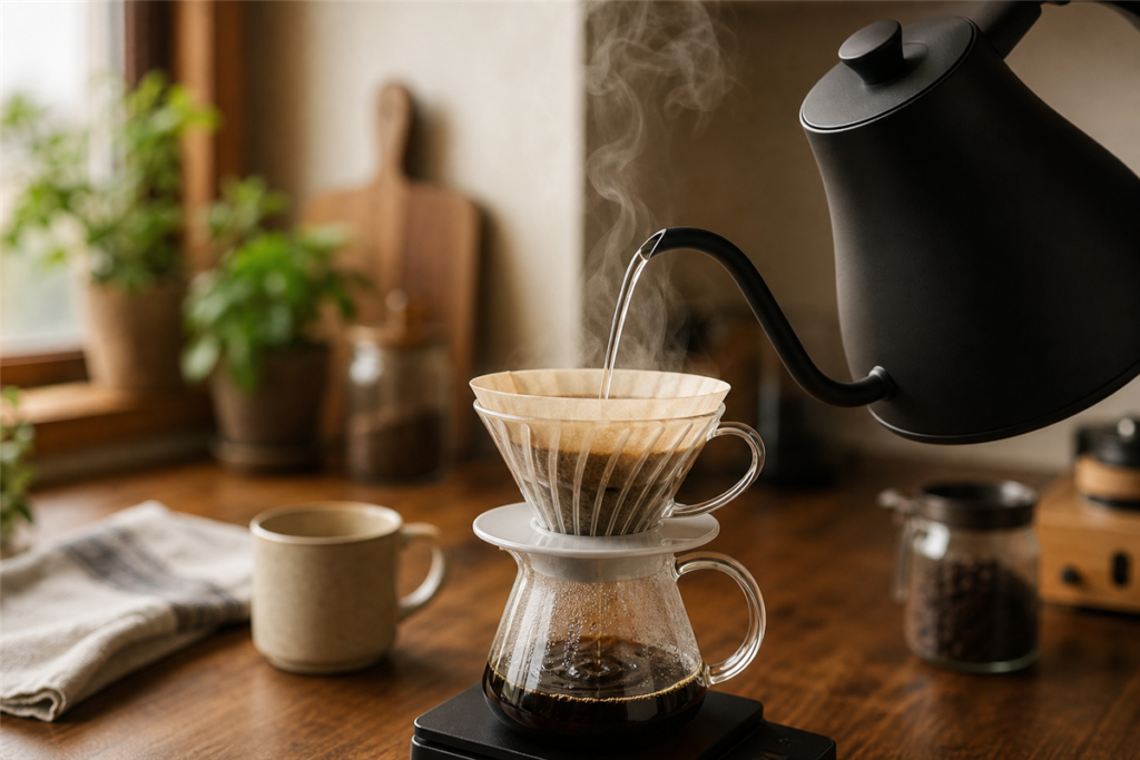 Electric gooseneck kettle pouring water in a slow, controlled stream over coffee grounds
