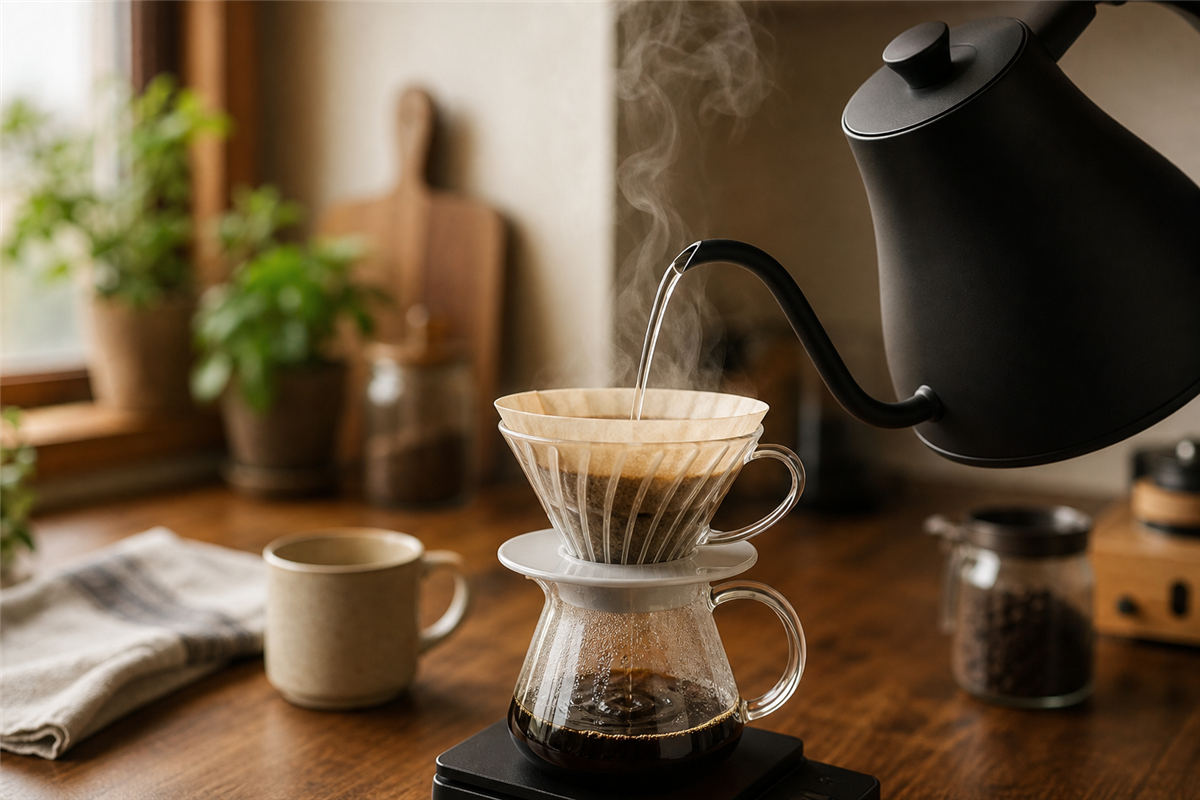 Electric gooseneck kettle pouring water in a slow, controlled stream over coffee grounds