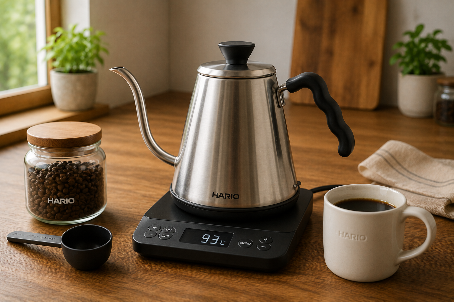 Gooseneck kettle pouring water over blooming coffee grounds in a pour-over dripper