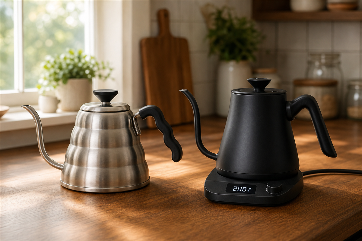Stovetop and electric gooseneck kettles side by side on a kitchen counter