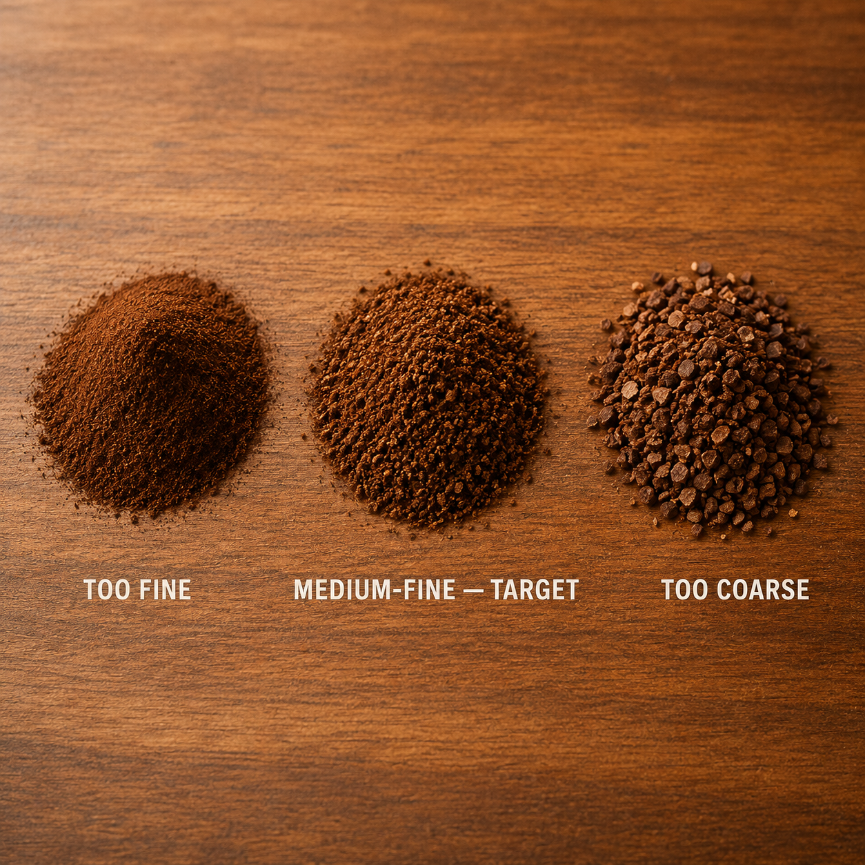 Three piles of coffee grounds showing fine, medium-fine, and coarse grinds for AeroPress