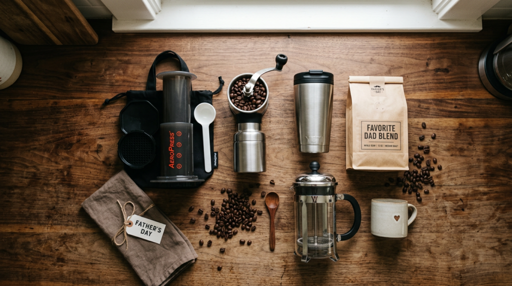 Best father's day gift for coffee lovers — AeroPress, burr grinder, travel mug, and bag of beans on a warm wooden counter