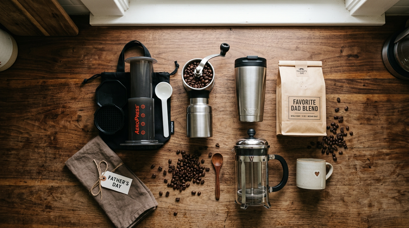 Best father's day gift for coffee lovers — AeroPress, burr grinder, travel mug, and bag of beans on a warm wooden counter