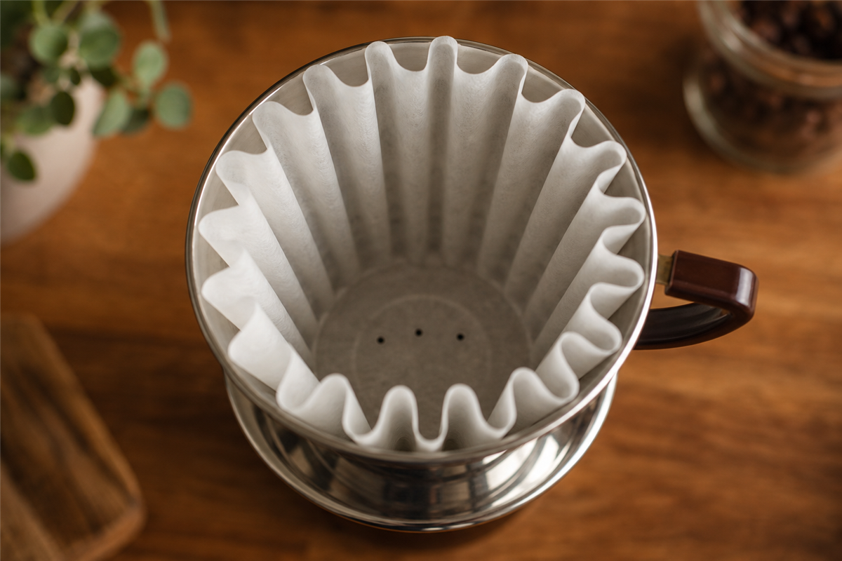 Kalita Wave dripper with corrugated paper filter showing the flat bottom