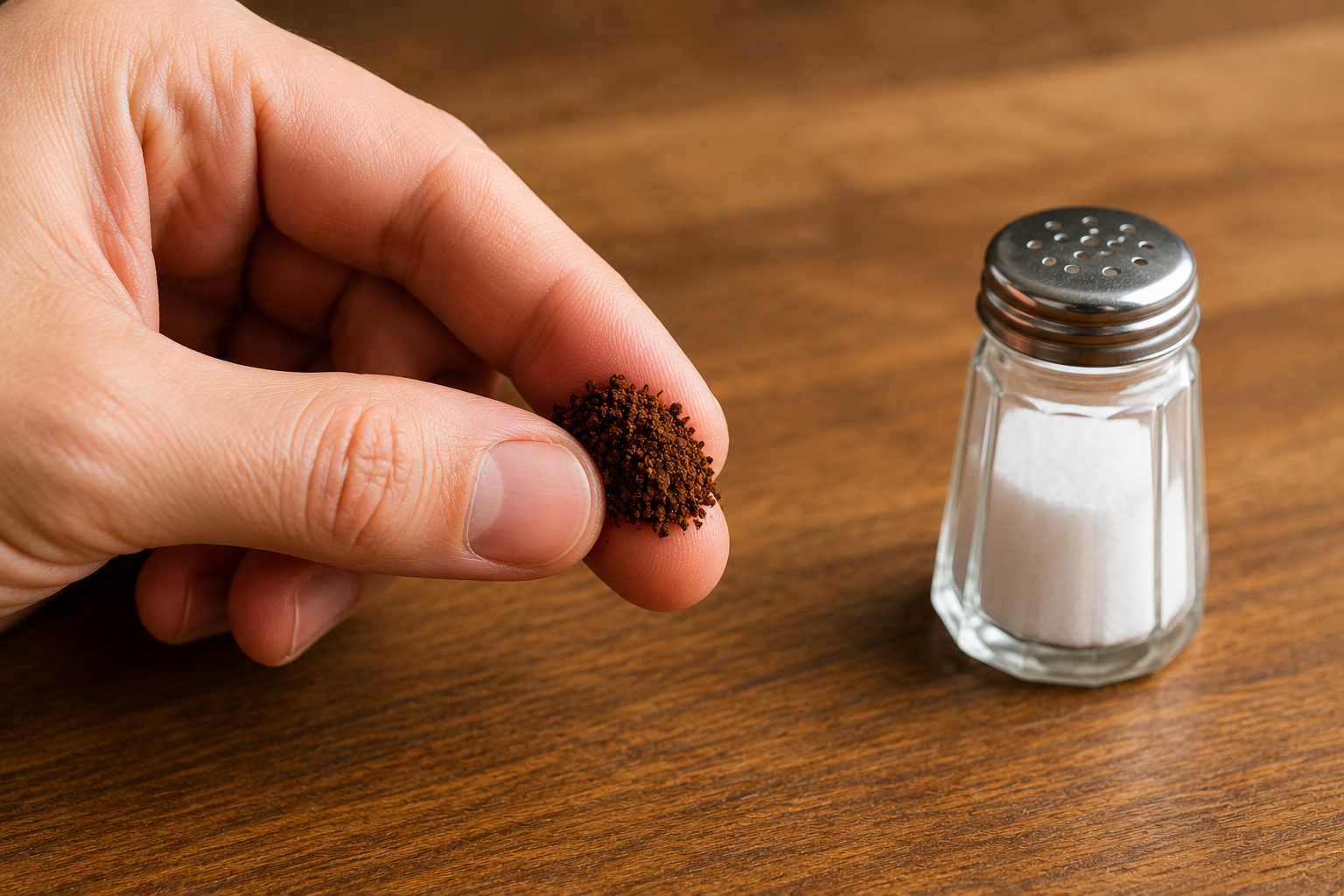 Medium-fine ground coffee held between fingers showing the texture of pour-over grind