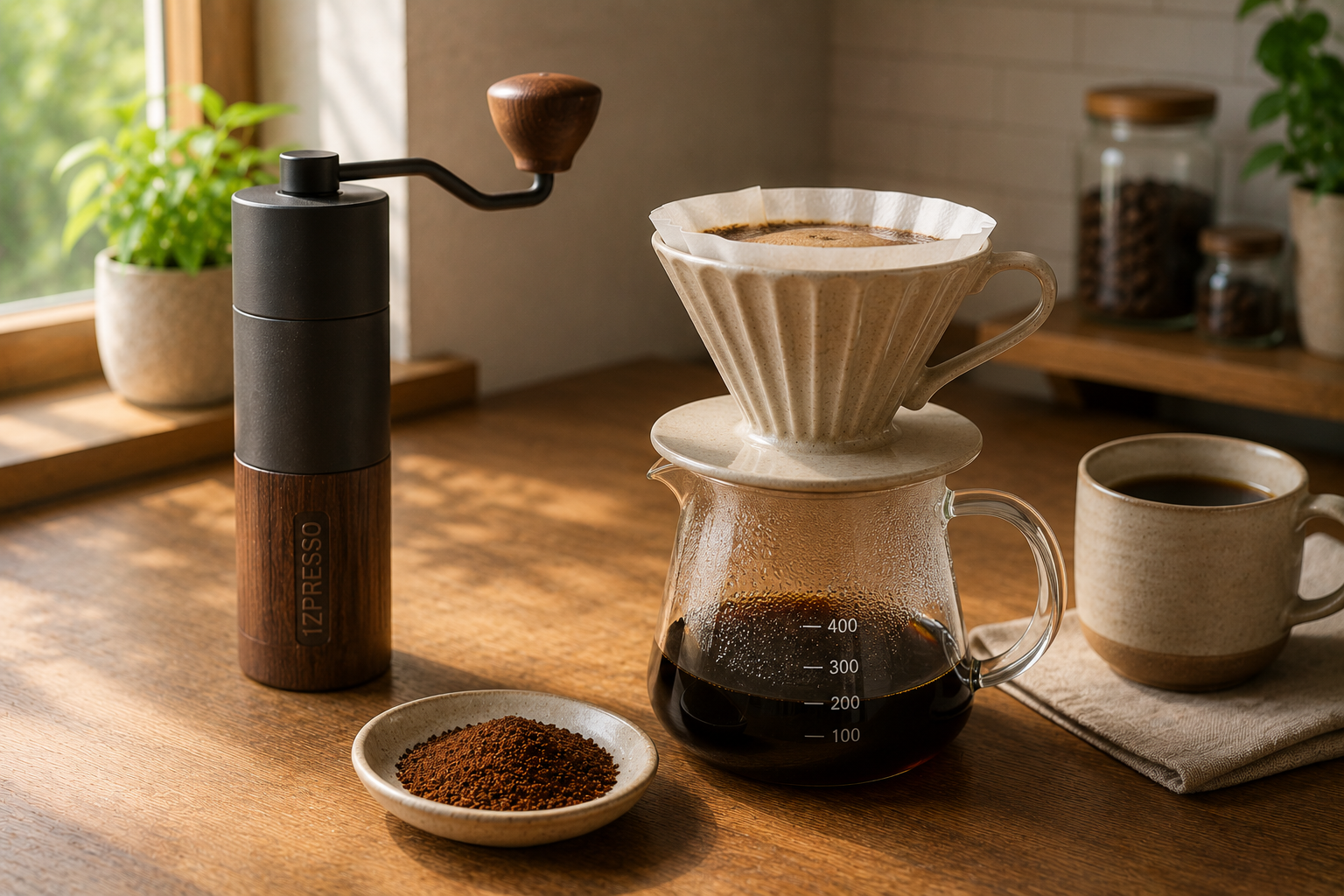 Hand grinder next to a pour-over setup with freshly ground coffee