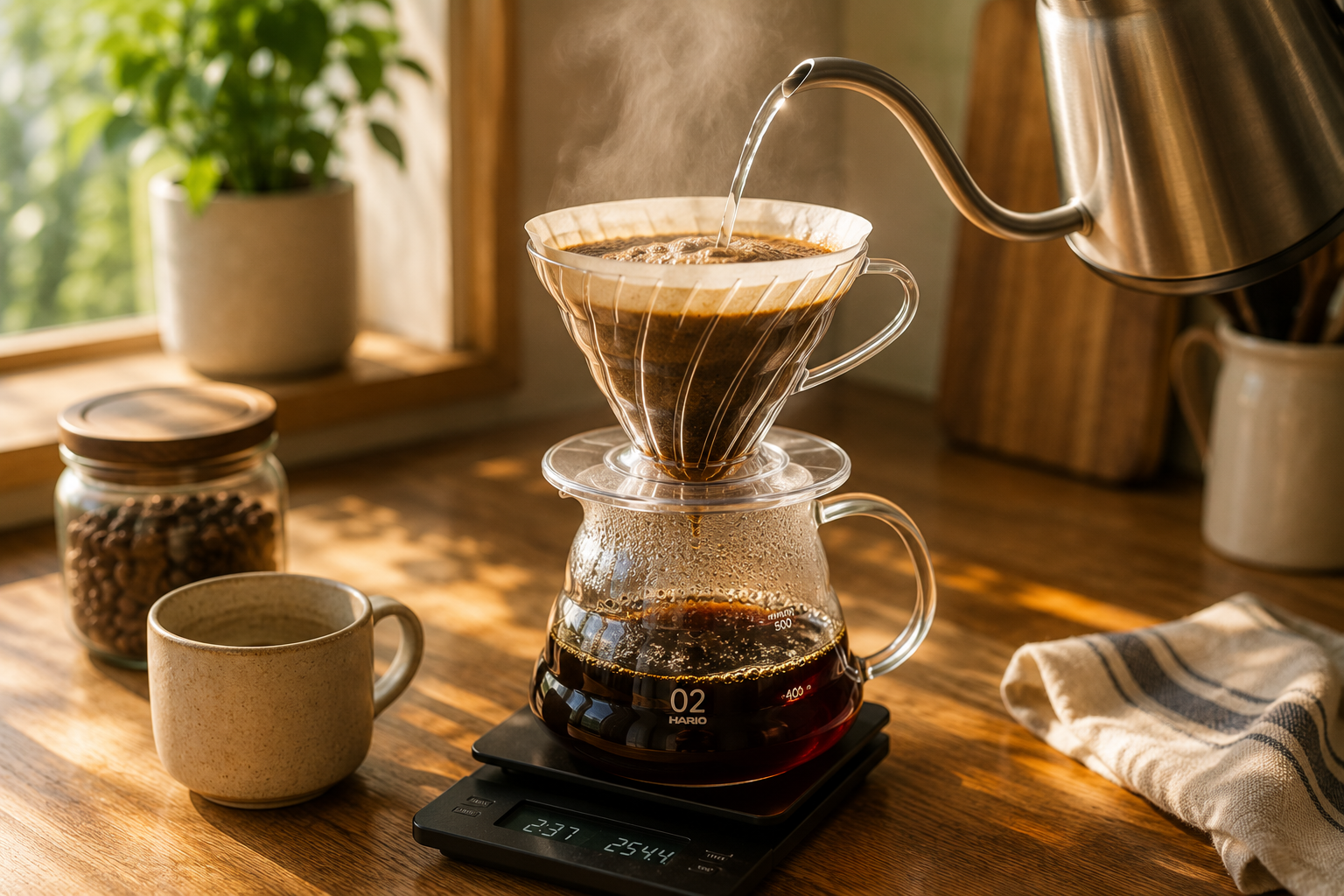Hario V60 dripper being used with a gooseneck kettle in a sunny kitchen