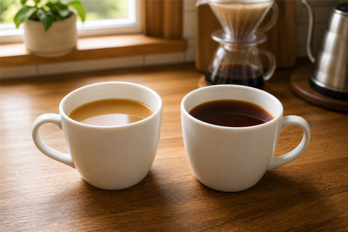 Two mugs of pour-over coffee side by side showing color difference between weak and standard brews