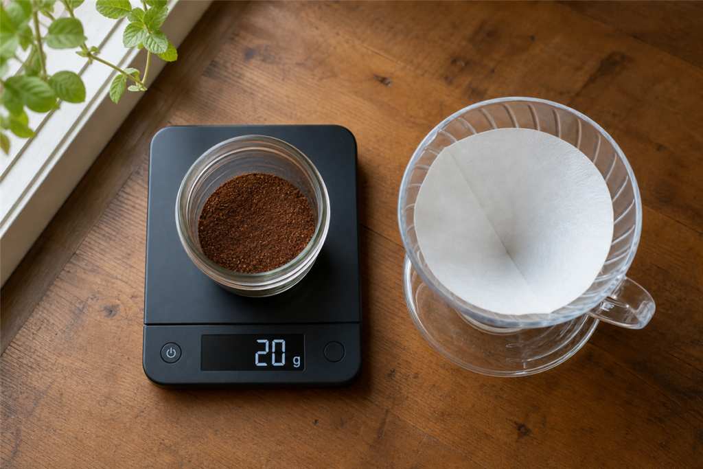 Kitchen scale showing 20 grams of ground coffee next to a pour-over dripper
