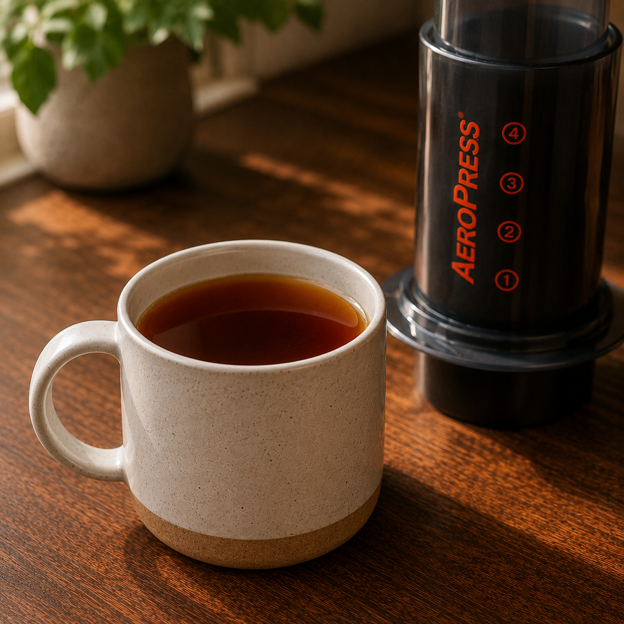 Smooth, well-extracted AeroPress coffee in a ceramic mug