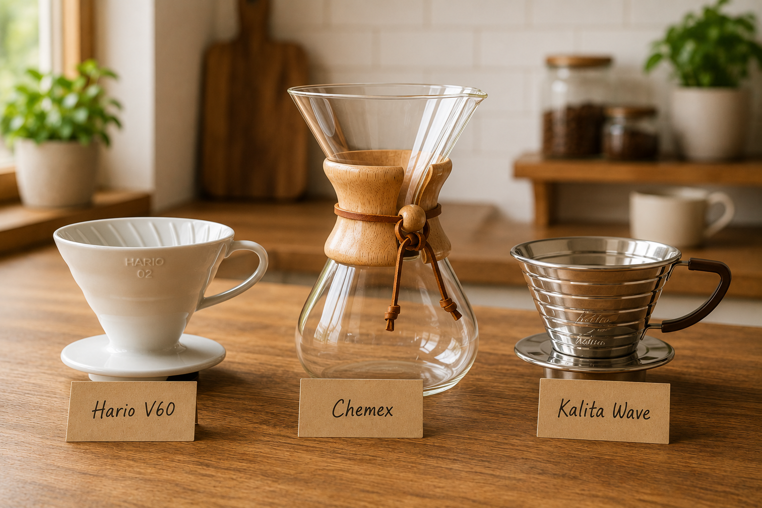 Hario V60, Chemex, and Kalita Wave pour-over drippers side by side