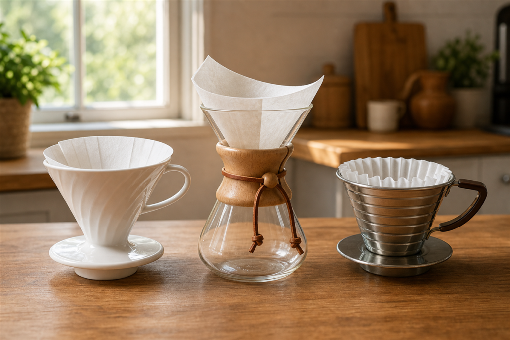 Hario V60, Chemex, and Kalita Wave pour-over drippers lined up on a wood counter