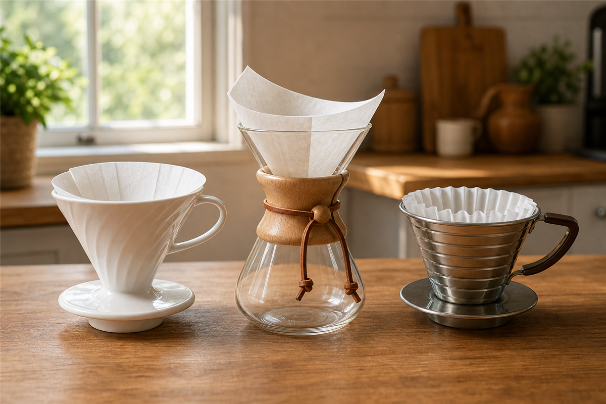 Hario V60, Chemex, and Kalita Wave pour-over drippers lined up on a wood counter