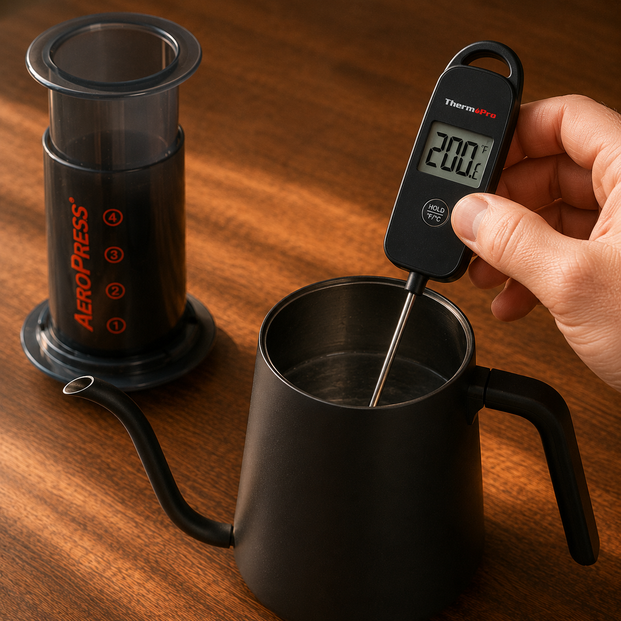Digital thermometer reading 200 degrees Fahrenheit in a kettle for AeroPress brewing