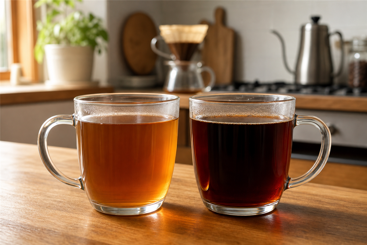 Two cups of pour-over coffee side by side showing color difference between under-extracted weak coffee and properly brewed coffee