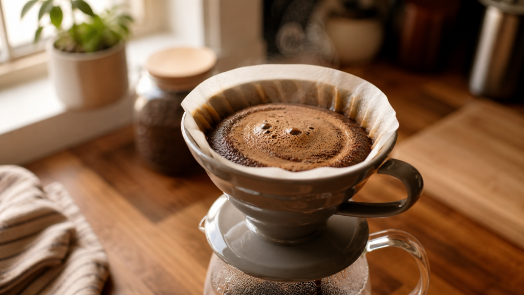 Close-up of a fresh coffee bloom in a V60 pour-over dripper with bubbles and rising steam