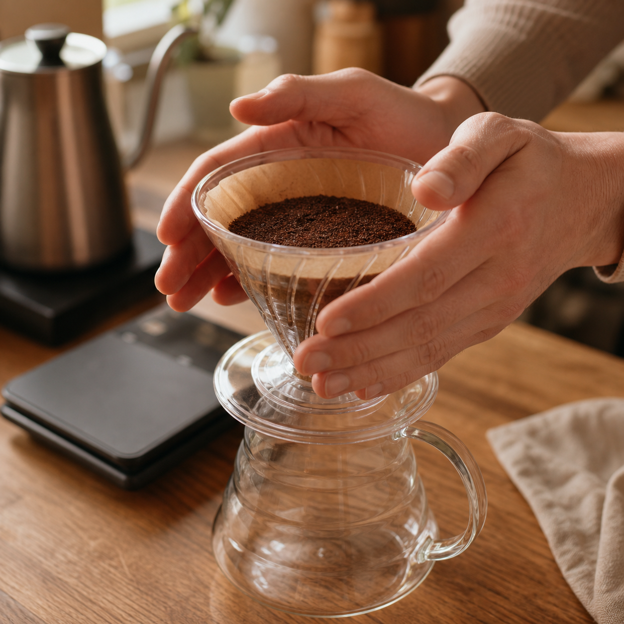 Hands shaking a V60 dripper to level the coffee bed before brewing pour-over