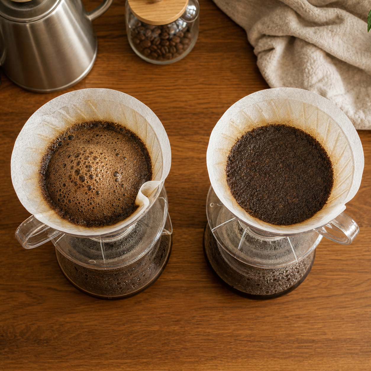 Side-by-side comparison of a vigorous fresh-bean coffee bloom versus a flat stale-bean bloom