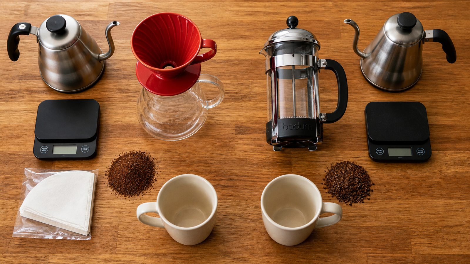 Pour-over V60 setup and French press side by side on a wood kitchen counter for beginner comparison