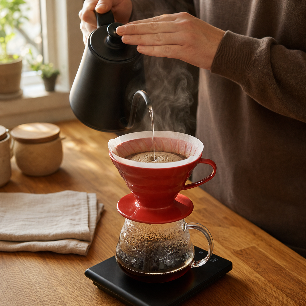 Hands slowly pouring water in a spiral over a V60 pour-over dripper