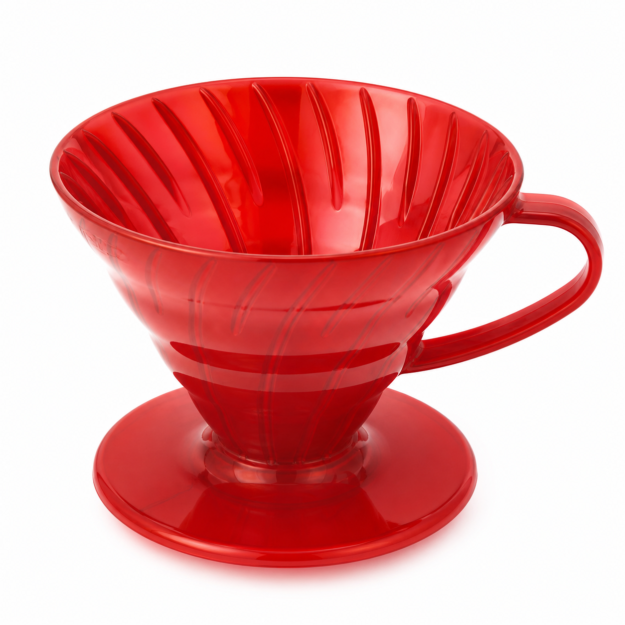 Red plastic Hario V60 02 pour-over dripper on a white background — our recommended beginner pour-over