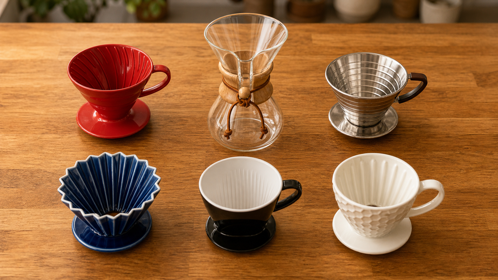 Overhead shot of six pour-over coffee drippers grouped on a wood kitchen counter for beginner comparison