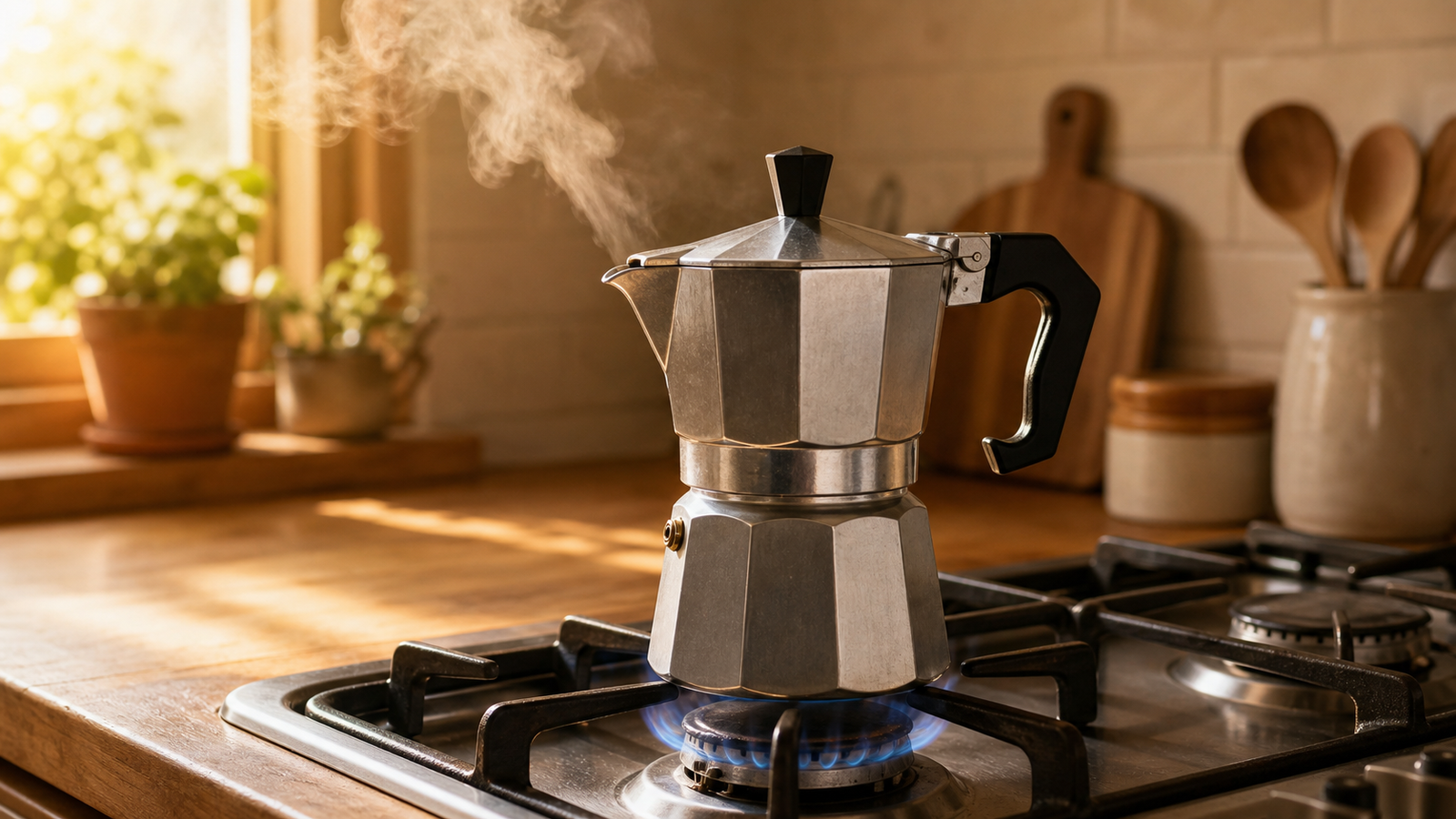 Classic Bialetti moka pot brewing espresso-style coffee on a gas stovetop with steam rising