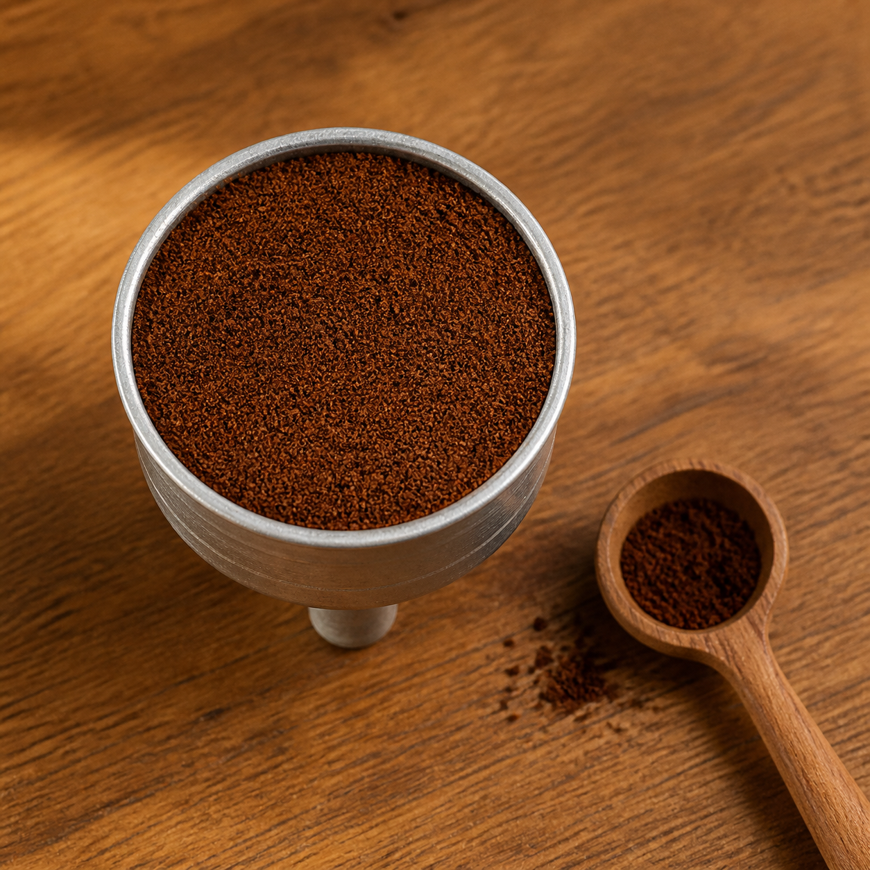 Top-down view of a moka pot filter basket filled level with finely ground coffee for stovetop espresso