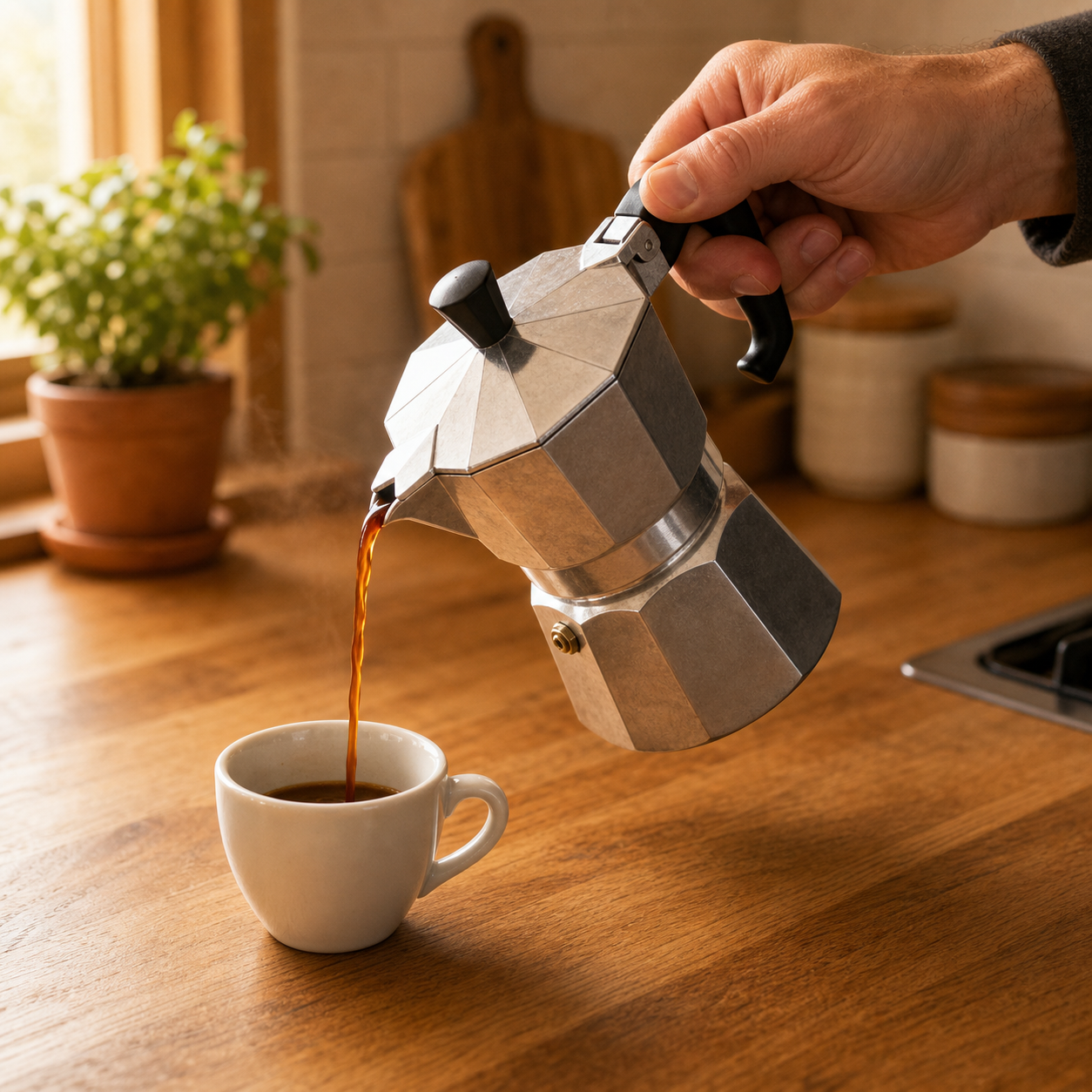 Moka pot pouring fresh espresso-style coffee into a small white ceramic cup