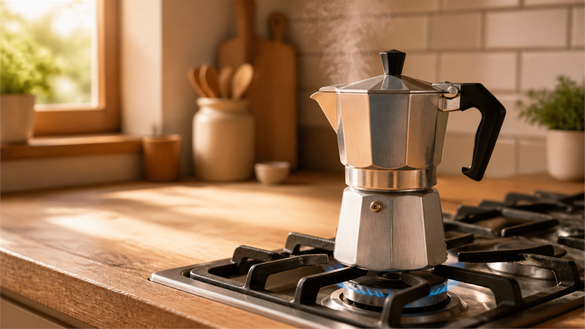 Classic moka pot brewing espresso-style coffee on a stovetop with steam rising