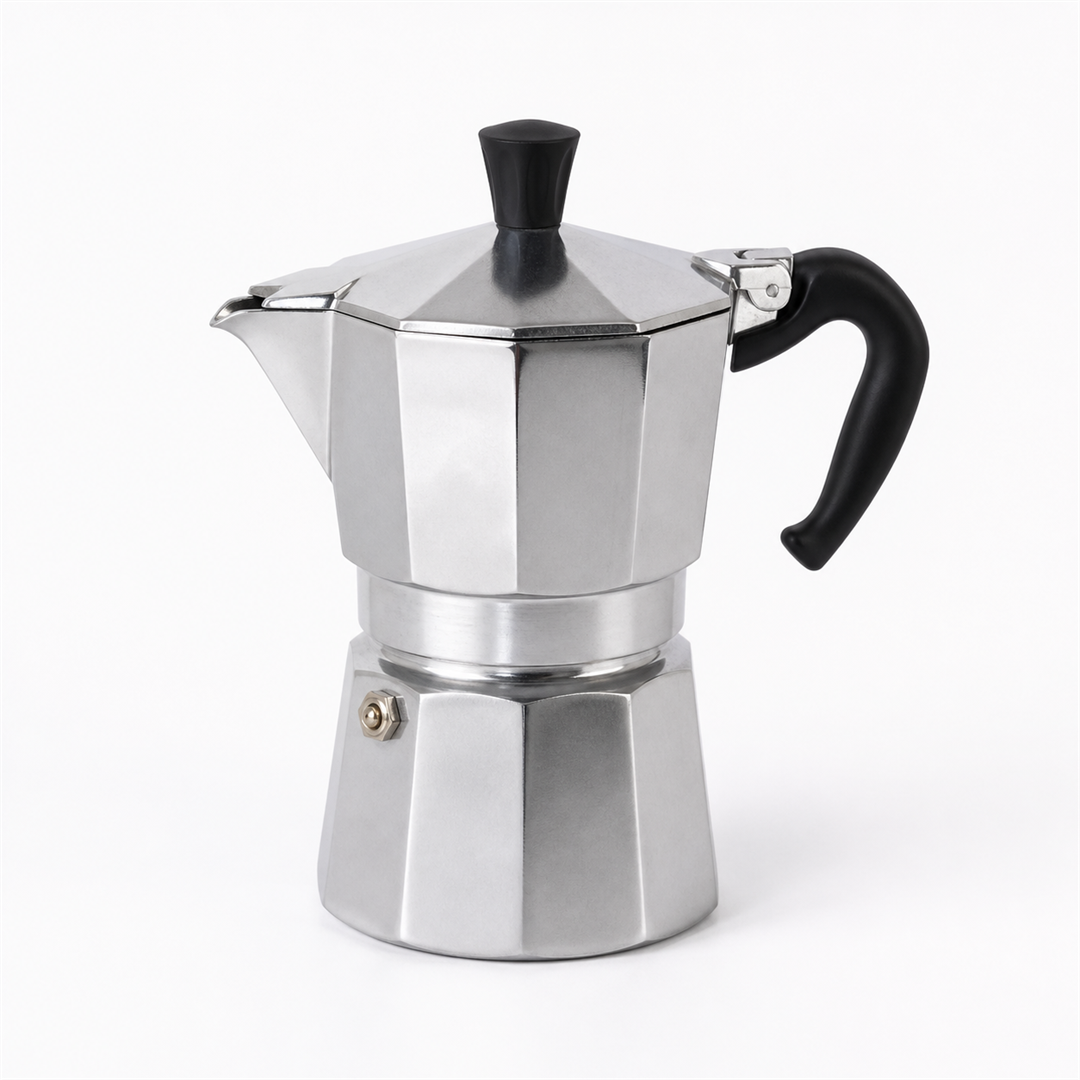 Silver Bialetti Moka Express 3-cup stovetop espresso maker on a white background