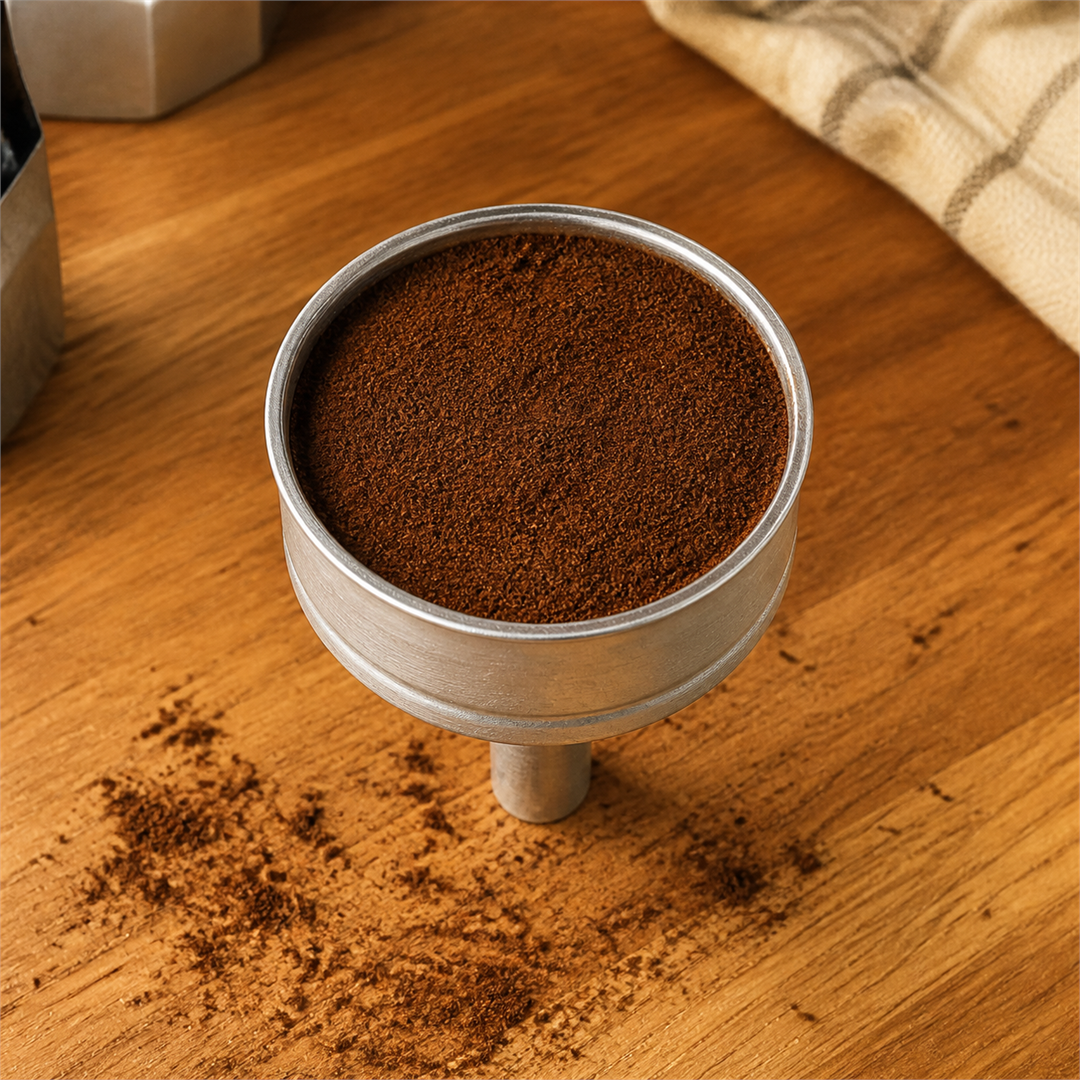 Top-down view of a moka pot filter basket filled level with fine coffee grounds