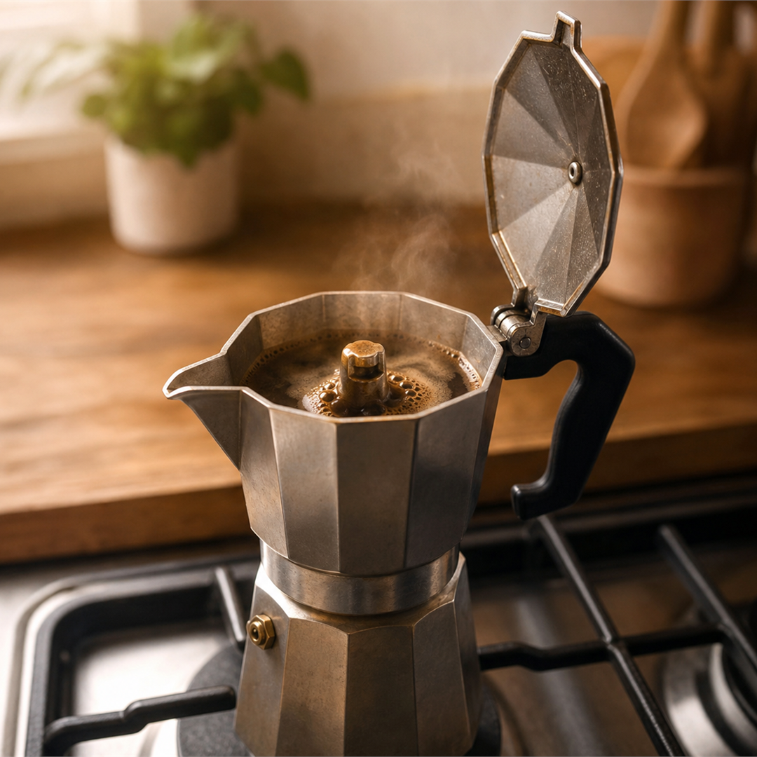 Coffee rising into the open top chamber of a moka pot on the stove