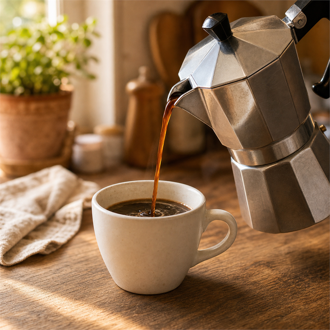Moka pot pouring fresh espresso-style coffee into a small white cup