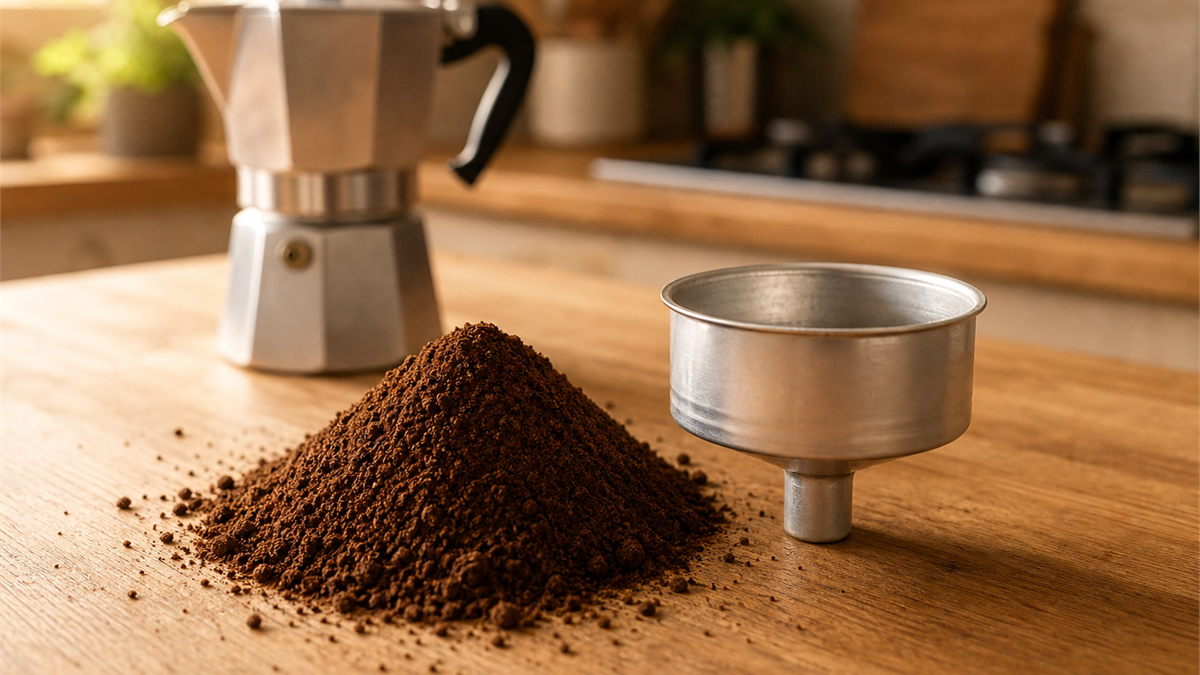 Medium-fine ground coffee beside a moka pot basket, the right grind for a moka pot