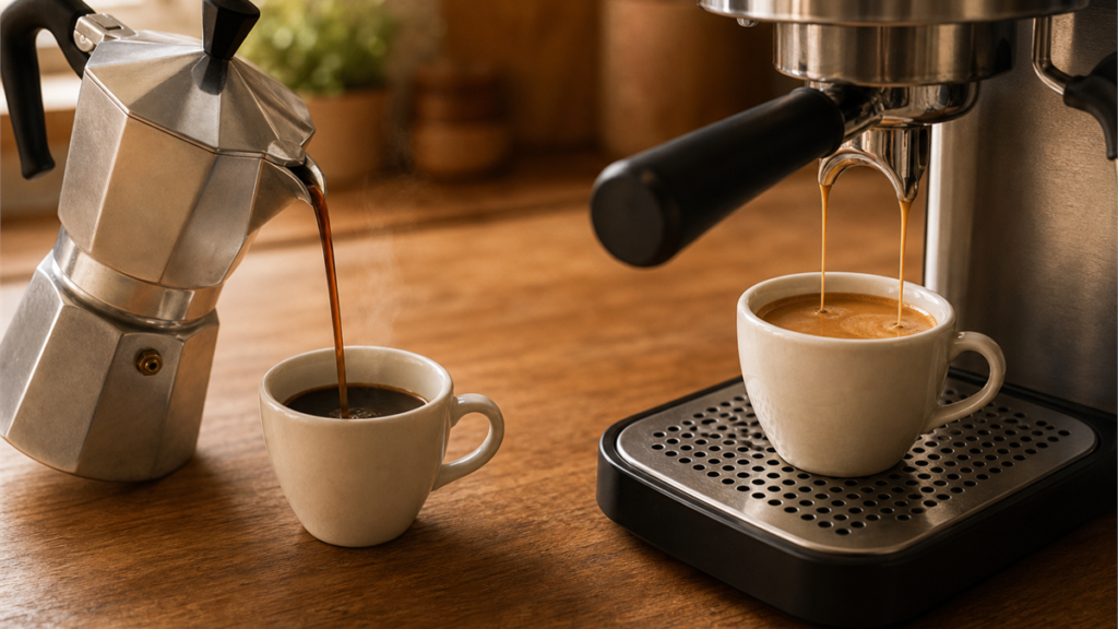 Moka pot coffee beside a machine-pulled espresso shot with crema, side by side