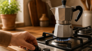 Adjusting a stovetop burner to low heat under a moka pot to avoid bitter coffee