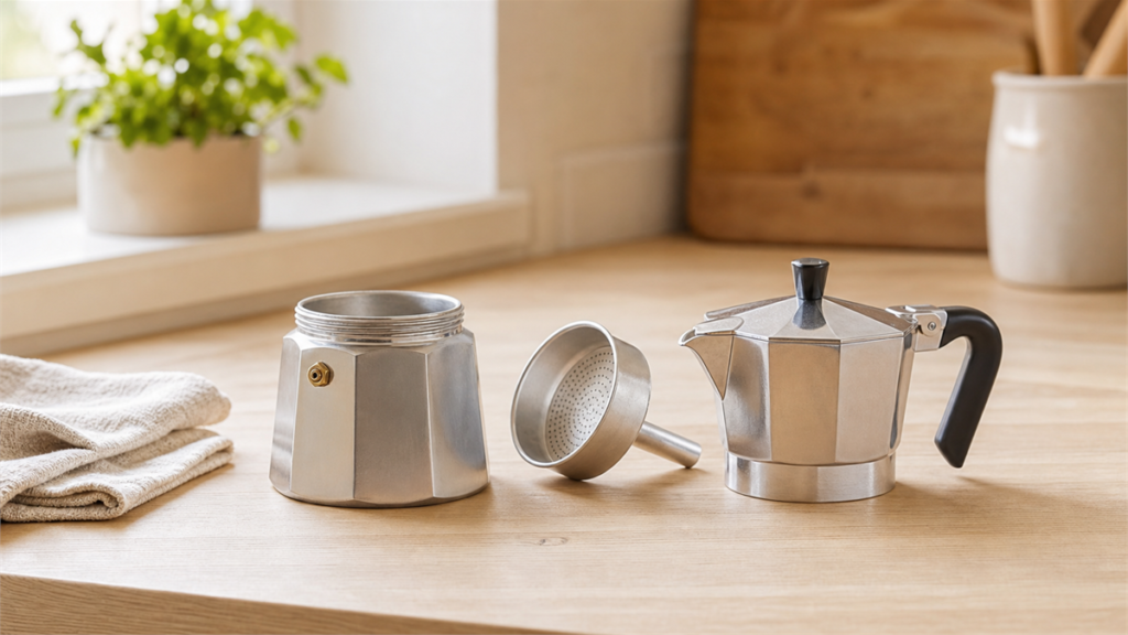 A silver aluminum moka pot taken apart into its three pieces on a clean kitchen counter beside a soft cloth