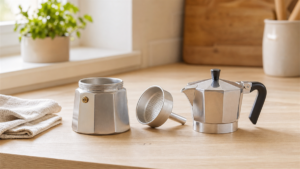 A silver aluminum moka pot taken apart into its three pieces on a clean kitchen counter beside a soft cloth