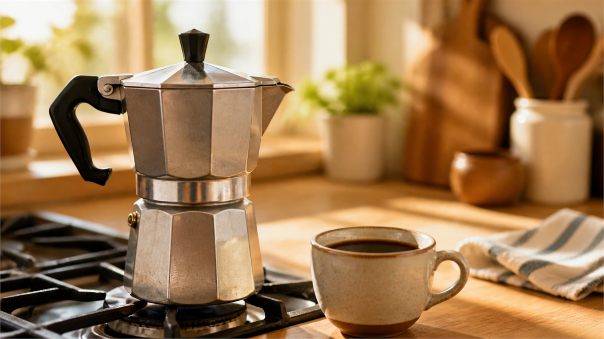 Classic silver Bialetti-style moka pot on a stovetop beside a small cup of dark coffee