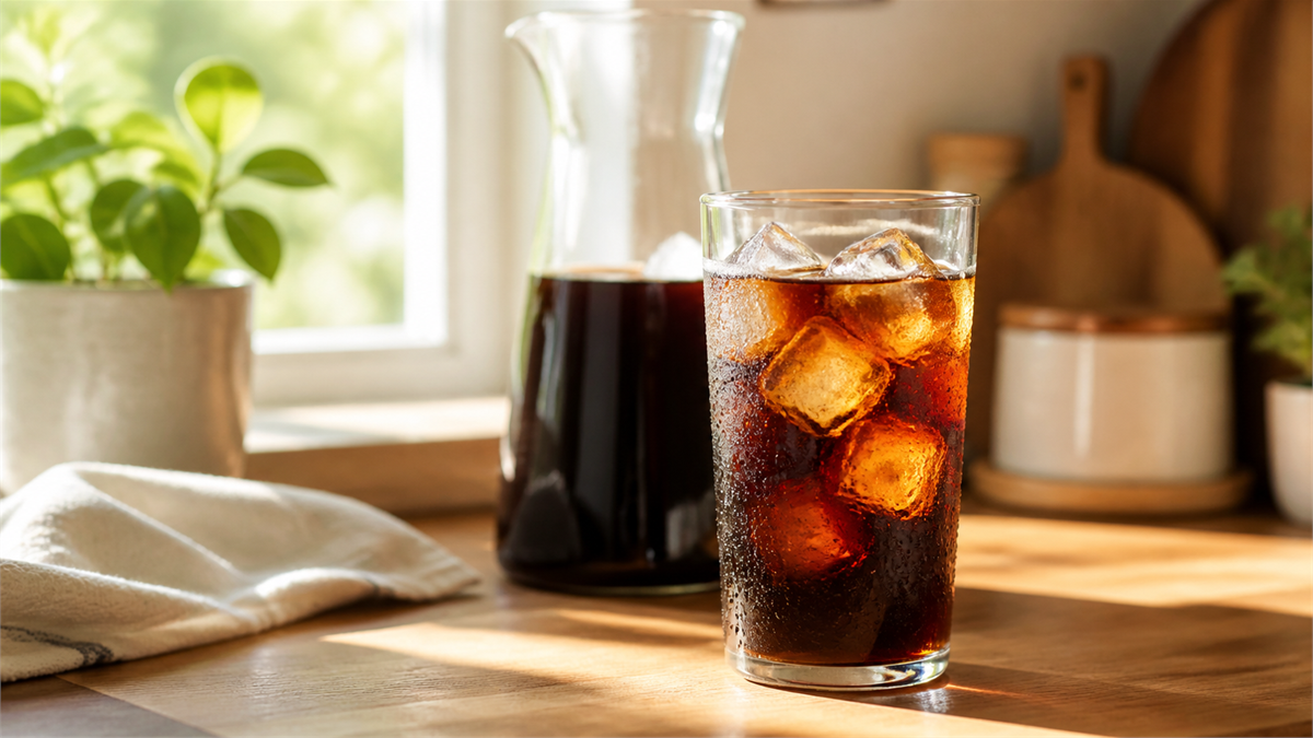 A tall glass of iced cold brew over ice on a bright summer kitchen counter with a cold brew pitcher behind