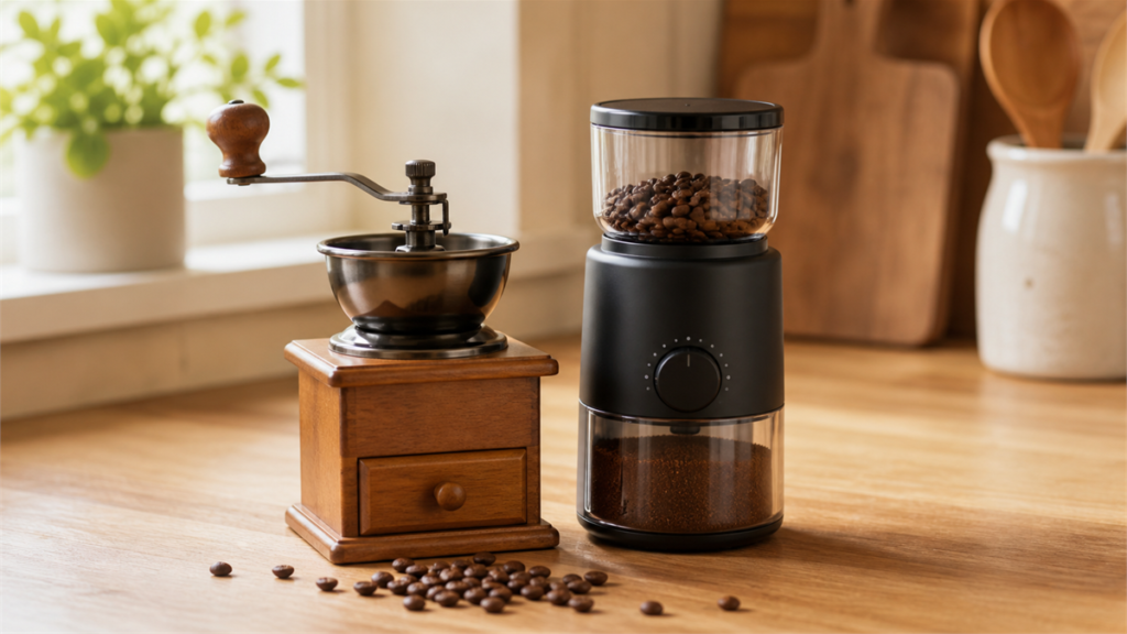 A manual hand coffee grinder and a compact electric burr grinder on a wood counter with whole coffee beans