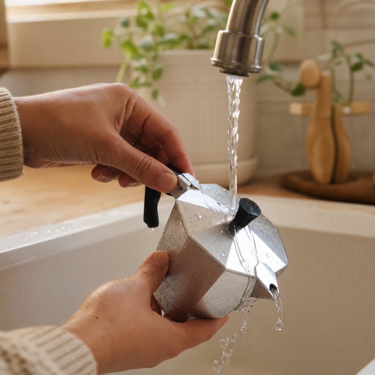 Hands rinsing the top chamber of a moka pot under warm running water at a kitchen sink