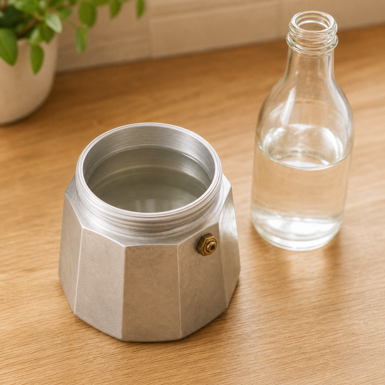 A moka pot bottom chamber filled with a water and white vinegar mixture for descaling
