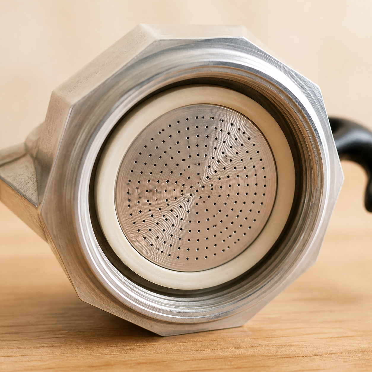 The underside of a moka pot's top chamber showing the rubber gasket and metal filter plate