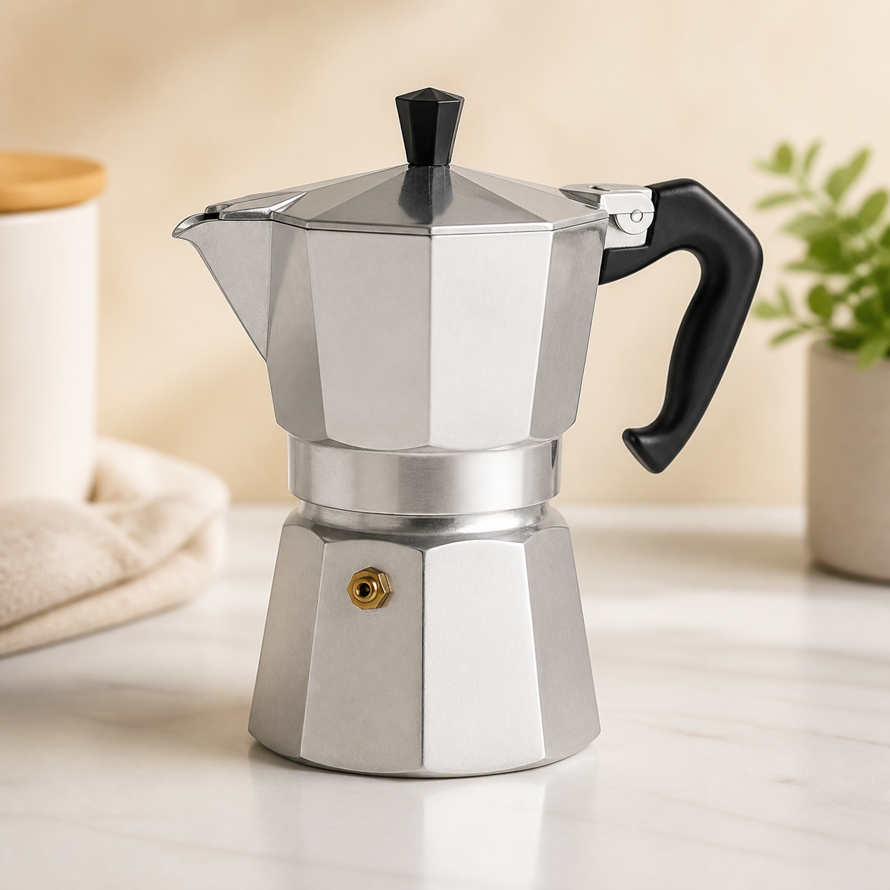 Classic silver octagonal aluminum moka pot with a black handle — our recommended beginner moka pot
