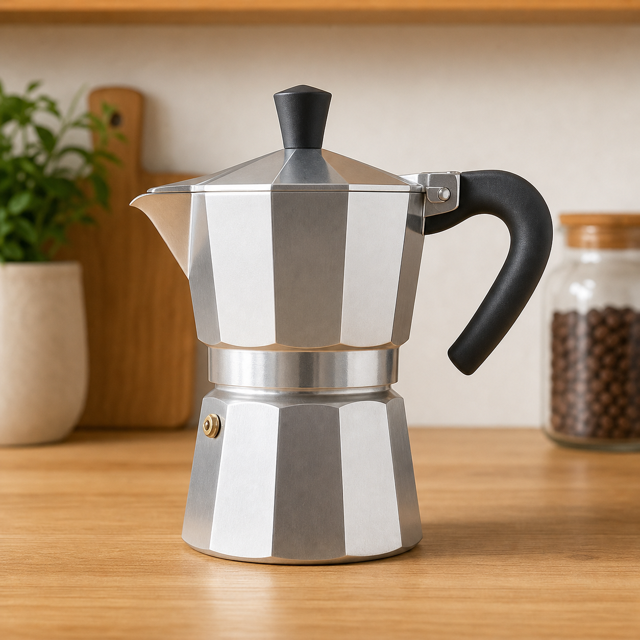 Silver aluminum moka pot with a soft-grip handle on a wood counter