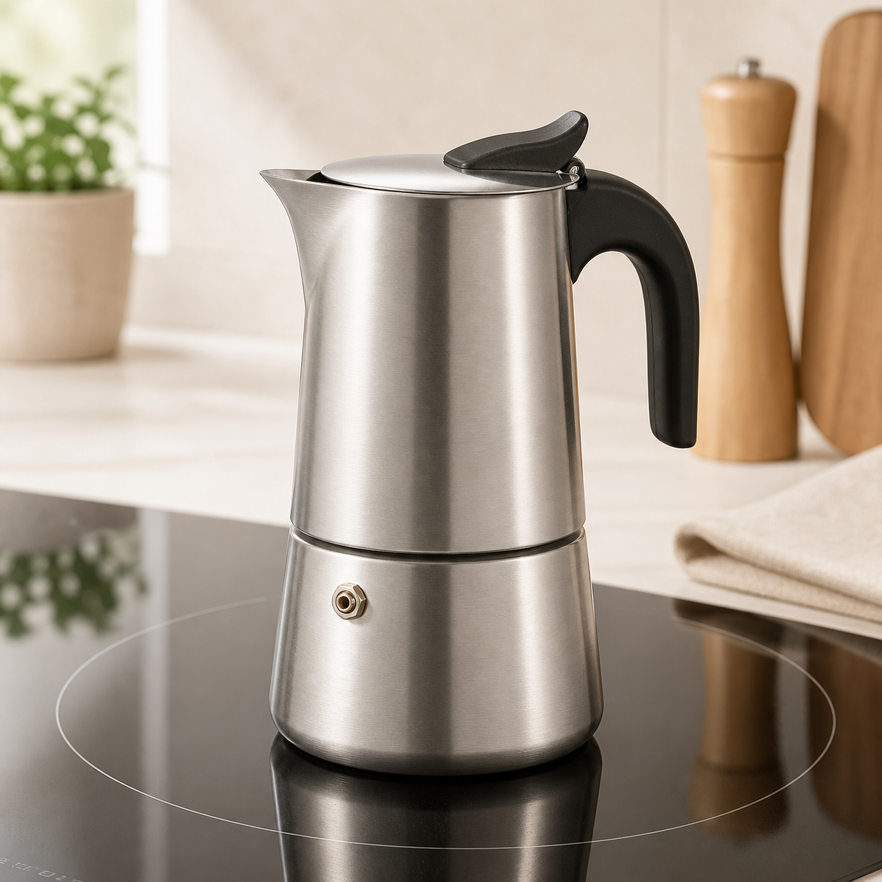 Brushed stainless steel moka pot on an induction cooktop